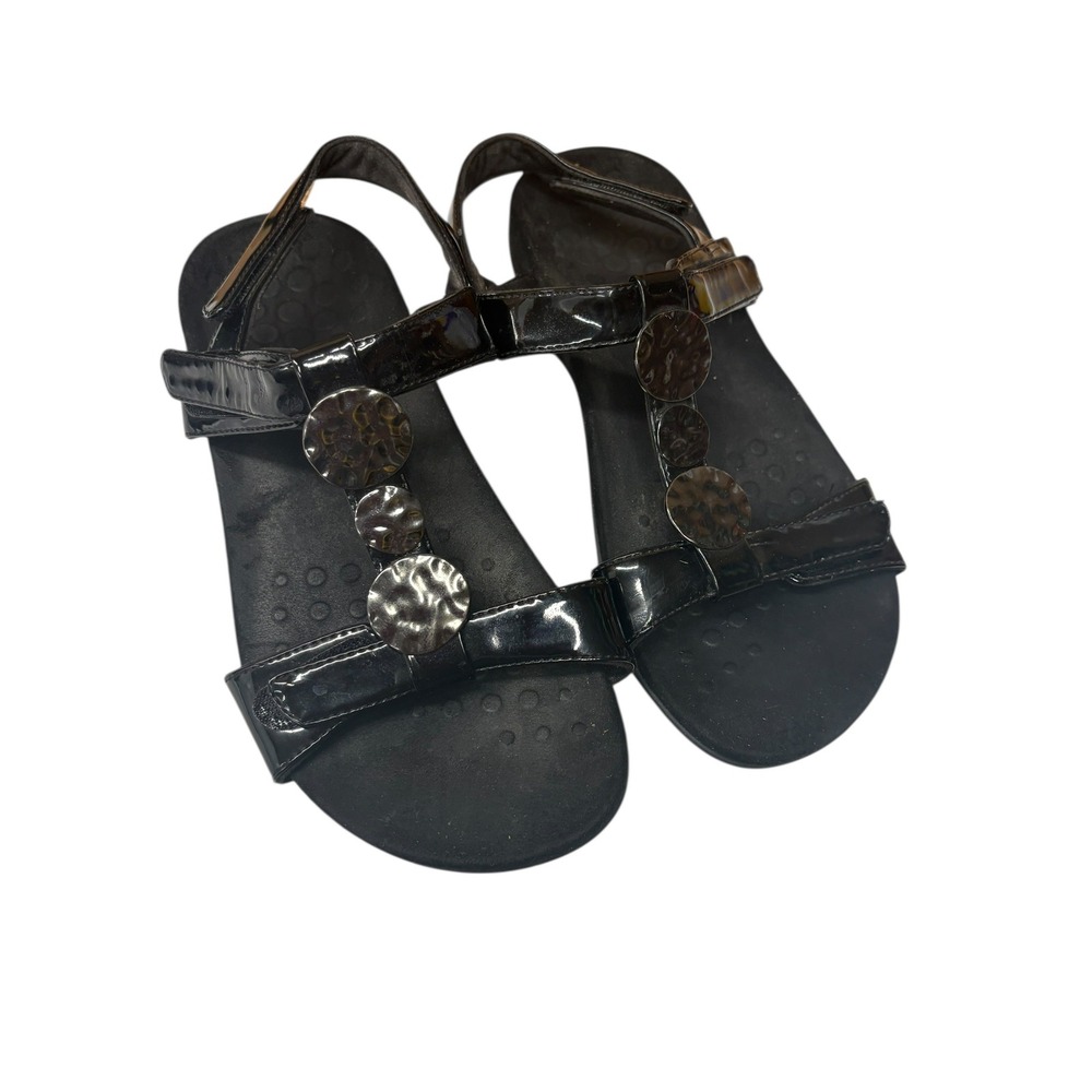 Vionic Farra Black Patent‎ Sandals Comfort Support T Strap Summer Travel 7